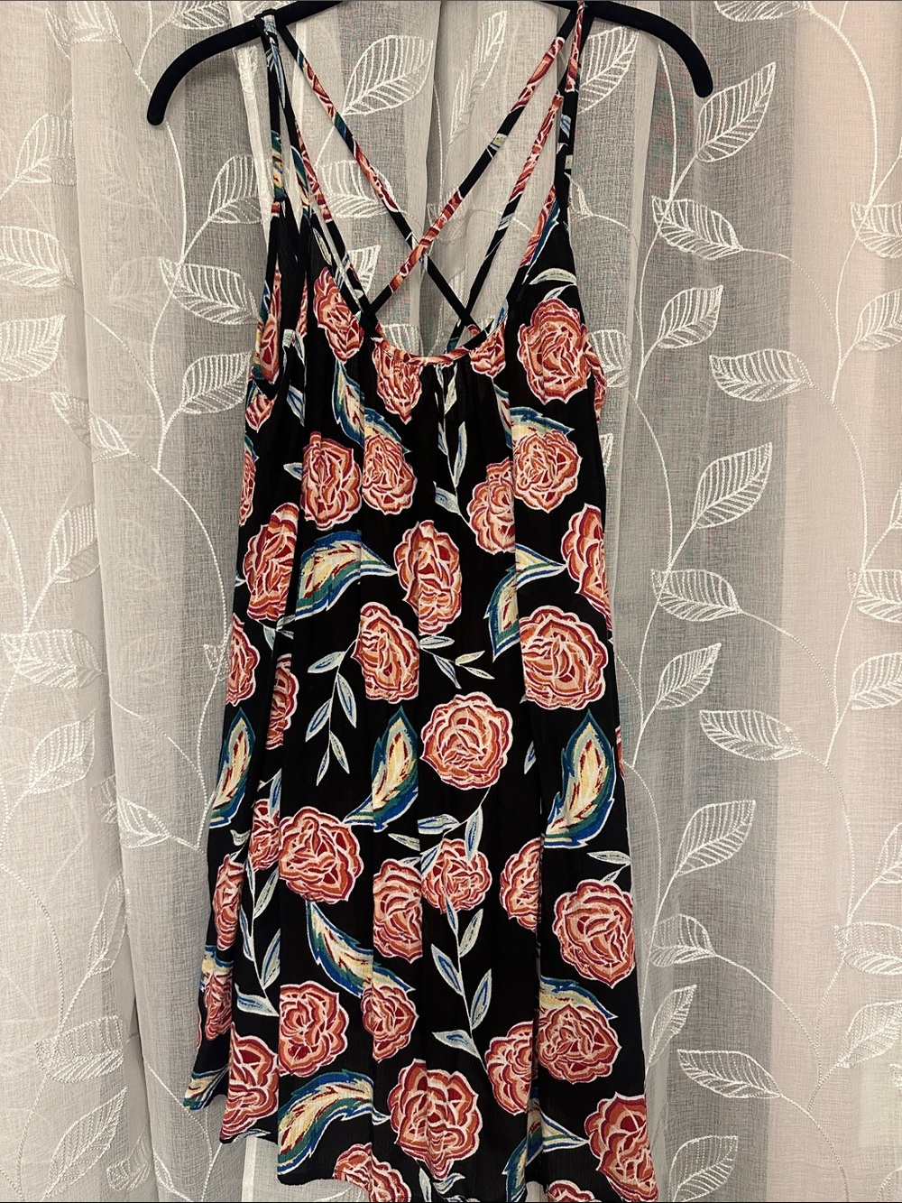 Roxy Black Floral Crisscross-Back Swim Coverup with Pink Blooms
